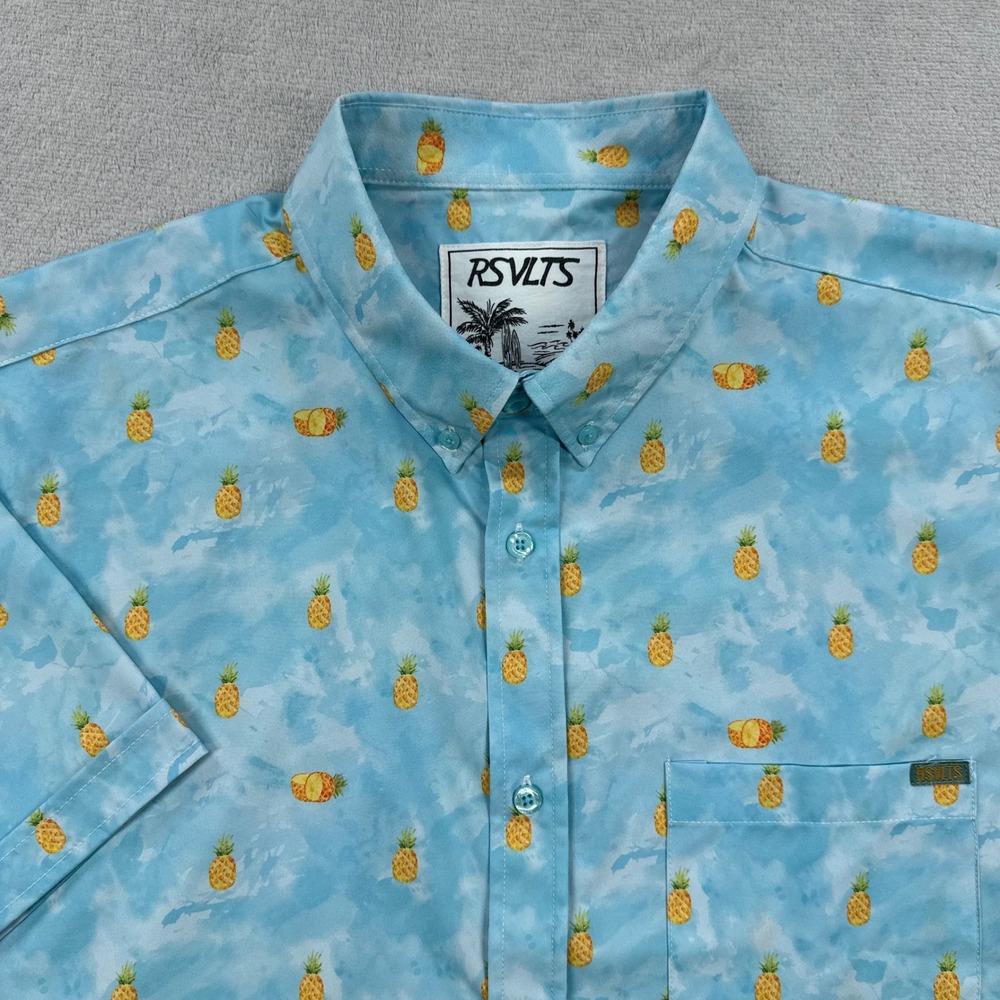 RSVLTS Button Down Shirt Mens XL Blue Pineapple KUNUFLEX Short Sleeve Tropical